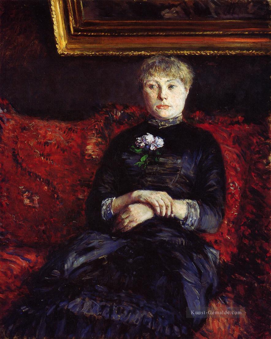 Frau sitzt auf einem roten Flowered Sofa Gustave Caillebotte Ölgemälde